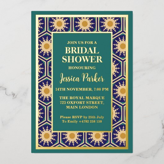 モロッコアートワークグリーンゴールデンクラッシーブライダルシャワー 箔招待状 (正面)