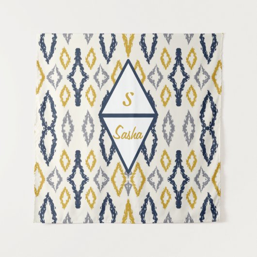 モロッコイカットブルーイエローホワイトパーソナライズされた タペストリー (正面)