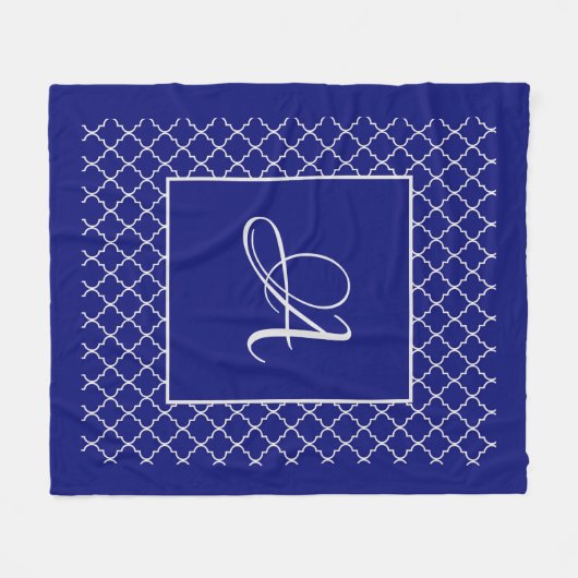 モロッコエレガントダマスク海軍ブルーモノグラム フリースブランケット (正面(横))
