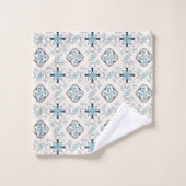 モロッコオーナメントブルークリームエスニックスタイリッシュイースト バスタオルセット (ウォッシュタオル)