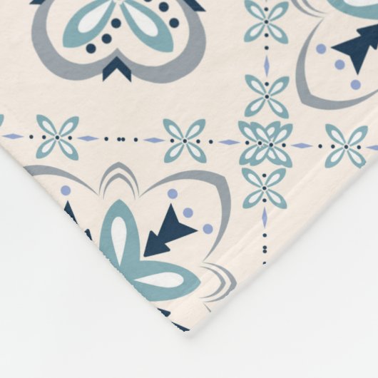 モロッコオーナメントブルークリームエスニックスタイリッシュイースト フリースブランケット (角)