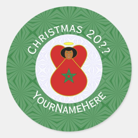 モロッコクリスマスエンジェルパーソナライズされた国旗 ラウンドシール (正面)
