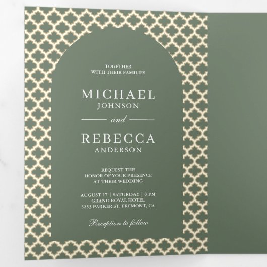 モロッコクローバーボホセージグリーンアー結婚チズ 三つ折り招待状 (内部最初)