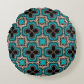モロッコジオメトリックフローラルパターンティール(緑がかった色)タンブラック ラウンドクッション (正面)