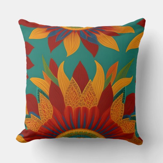 モロッコスタイル金ゴールド赤オレンジティール（緑がかった色）青花模様 クッション (正面)