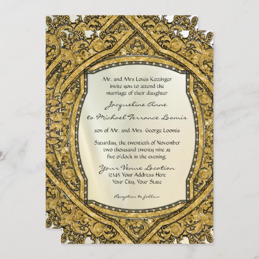 モロッコスワールスクロール金ゴールドグリッターエレガントな結婚式 招待状 (正面/裏面)