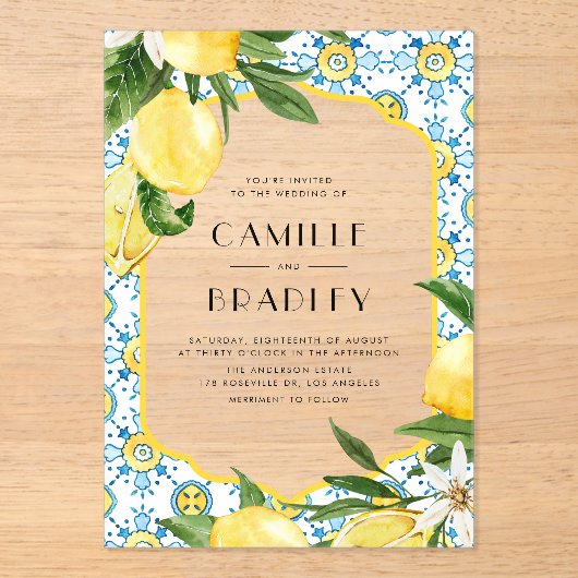 モロッコタイルとレ地中海のモ結婚ンス アクリル招待状 (正面)