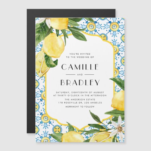 モロッコタイルとレ地中海のモ結婚ンス マグネット招待状 (正面/裏面)