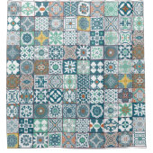 モロッコタイルオレンジと光ターコイズ シャワーカーテン (正面)