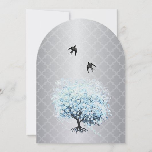 モロッコタイルハートリーフアクアツリーヴィンテージバード 招待状 (正面)