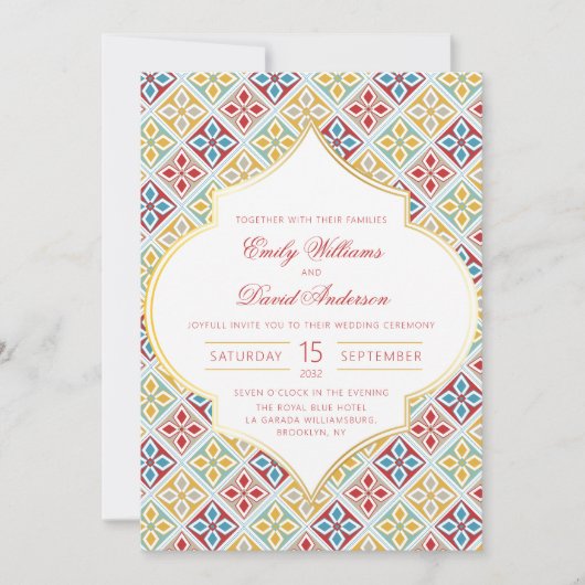 モロッコタイルパターン赤結婚式招待状 招待状 (正面)