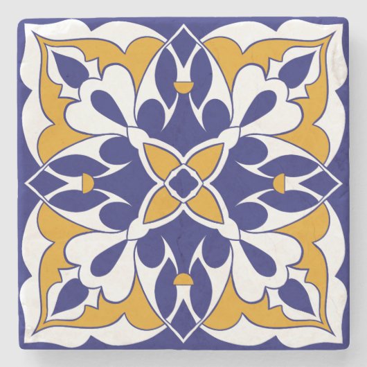 モロッコタイルブルーイエローヴィンテージボヘミアンパターン ストーンコースター (正面)