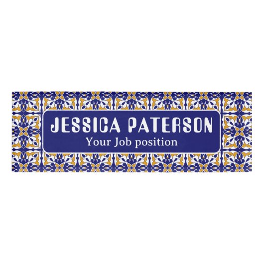 モロッコタイルブルーイエローヴィンテージボヘミアンパターン 名札 (正面)