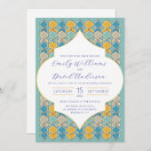 モロッコタイルブルーゴールデンQRコード 招待状 (正面/裏面)
