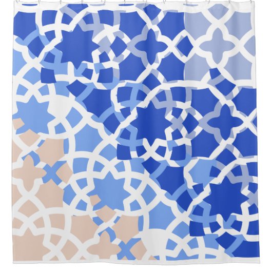 モロッコタイルブルーベージュプリント シャワーカーテン (正面)