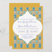 モロッコタイルミニマルイエローブルーゴールデンQRコード 招待状 (正面/裏面)