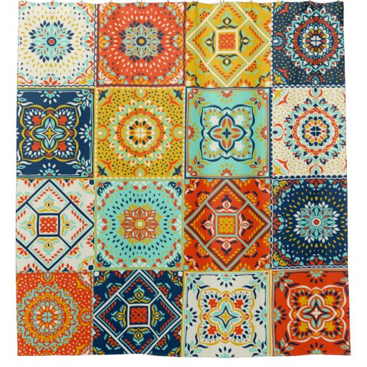 モロッコタイルモザイクイラストレーションパターン シャワーカーテン (正面)