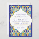 モロッコタイル王室のブルー黄金QRコード 招待状 (正面)