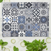 モロッコタイル黒、青、灰色 キッチンタオル (折り畳み)