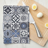モロッコタイル黒、青、灰色 キッチンタオル (四つ折り)