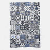 モロッコタイル黒、青、灰色 キッチンタオル (縦)
