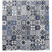 モロッコタイル黒、青、灰色 シャワーカーテン (正面)