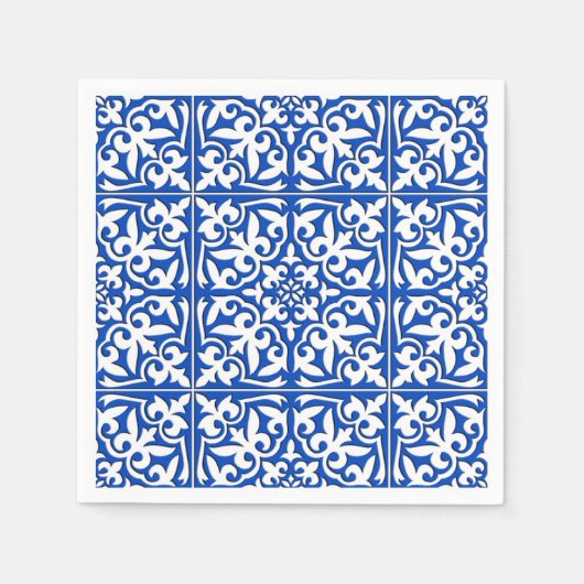 モロッコタイル – コバルトブルーと白 スタンダードカクテルナプキン (正面)