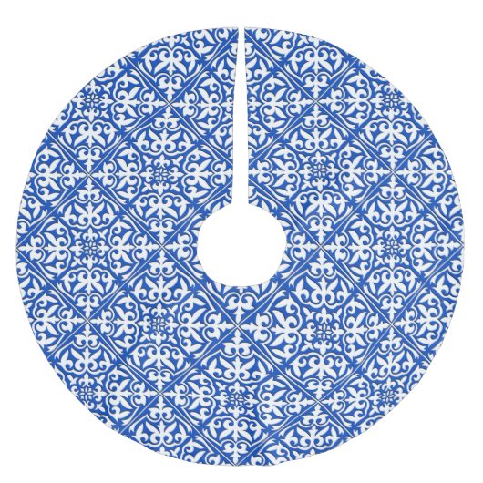 モロッコタイル – コバルトブルーと白 ブラッシュドポリエステルツリースカート (正面)