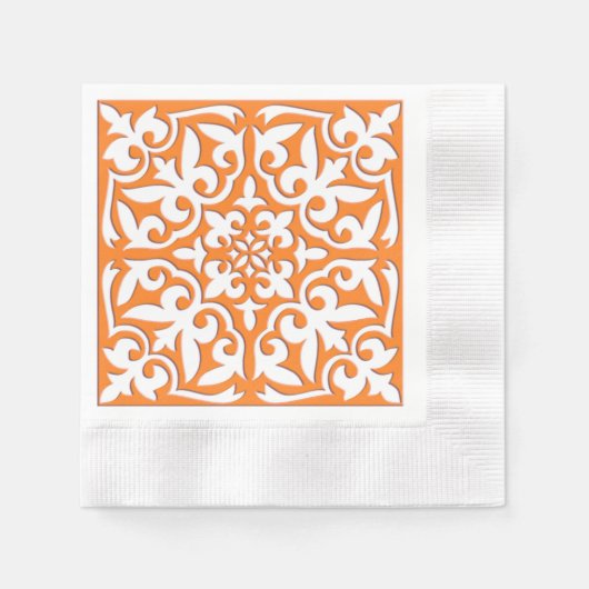 モロッコタイル – コーラルオレンジと白 縁ありカクテルナプキン (正面)