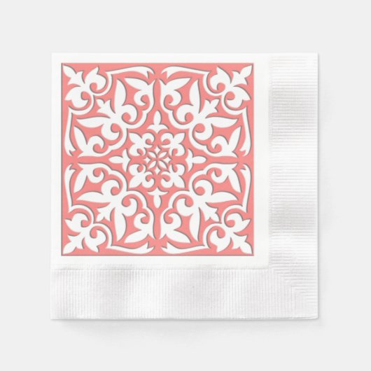 モロッコタイル – コーラルピンクと白 縁ありカクテルナプキン (正面)