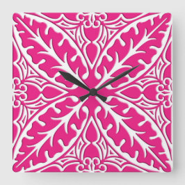 モロッコタイル – 明るい赤紫色ピンクと白 スクエア壁時計