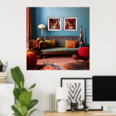 モロッコデコールルームレッドブルー金ゴールドオレンジ ポスター (ホームオフィス)