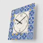 モロッコパターンティール(緑がかった色)ブルー、イエロー、クリーム スクエア壁時計 (傾斜)