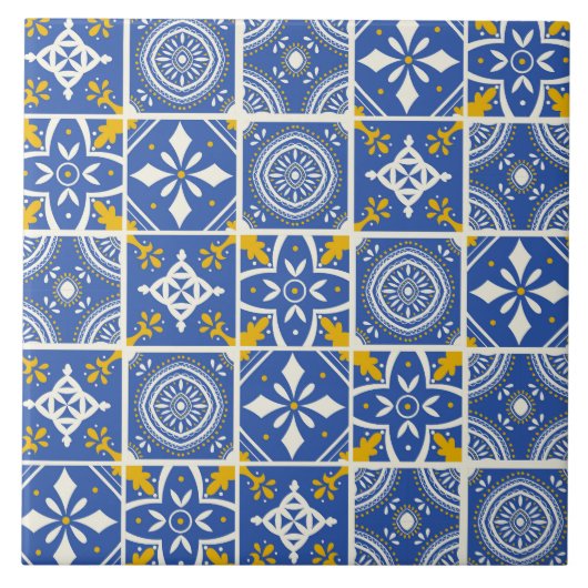 モロッコパターンティール（緑がかった色）ブルー、イエロー、クリーム タイル (正面)