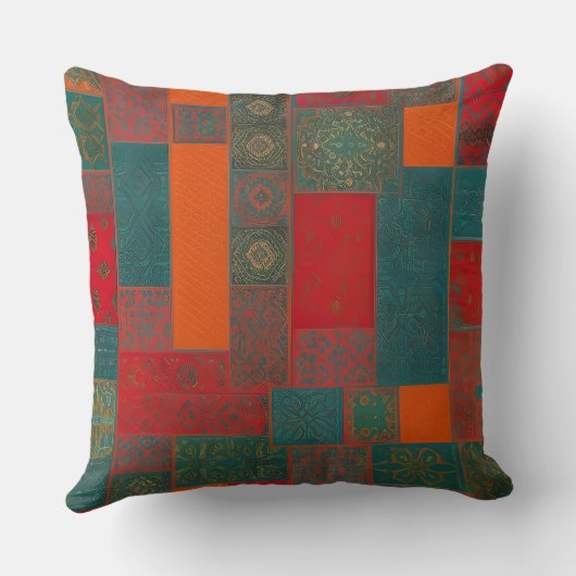 モロッコファブリックエキゾチック赤オレンジティール（緑がかった色）グリーンスクエア クッション (裏面)