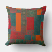 モロッコファブリックエキゾチック赤オレンジティール（緑がかった色）グリーンスクエア クッション (正面)