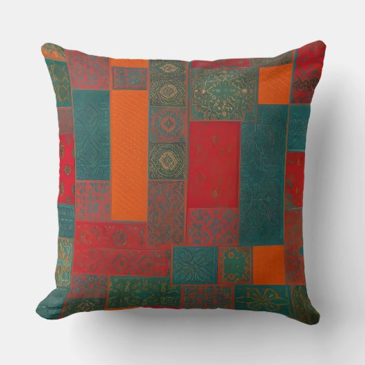 モロッコファブリックエキゾチック赤オレンジティール（緑がかった色）グリーンスクエア クッション (正面)