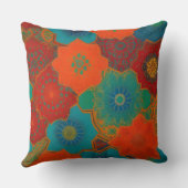 モロッコファブリックエキゾチック赤オレンジティール(緑がかった色)グリーンQ クッション (裏面)