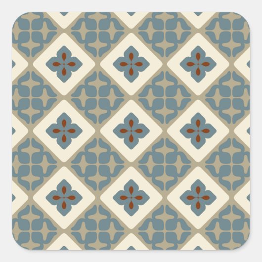 モロッコフローラタイルパターンブルータンレッド スクエアシール (正面)