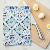 モロッコブルーのタイル模様の水色 キッチンタオル (四つ折り)