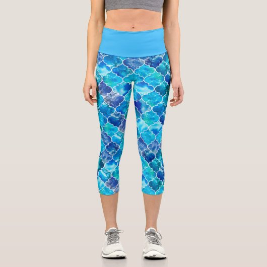 モロッコブルー大理石の美しい水彩模様 カプリレギンス (正面)