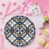 モロッコブルー金ゴールド幾何装飾タイル ペーパープレート (パーティー)