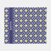 モロッコボヘミアン黄色の花の青いパターン フリースブランケット (正面(横))