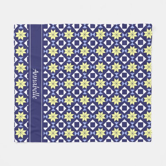 モロッコボヘミアン黄色の花の青いパターン フリースブランケット (正面(横))