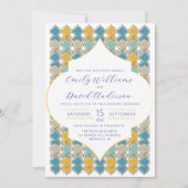モロッコミニマルタイル青ゴールデンQRコード 招待状 (正面)