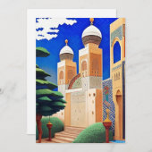 モロッコモザイクブルーのアートEid Mubarak 招待状 (正面/裏面)