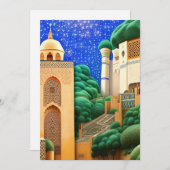 モロッコモザイクブルーの空の星が緑のイードムバラク 招待状 (正面/裏面)