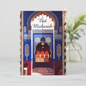 モロッコモザイクブルーの紺色の赤いモスクEid Mubarak 招待状 (スタンド正面)