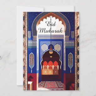 モロッコモザイクブルーの紺色の赤いモスクEid Mubarak 招待状