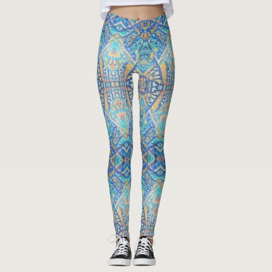 モロッコモザイク数々のカラーターコイズアクアブルー レギンス (正面)